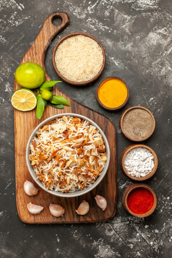 top view cooked rice with seasonings on dark floor meal dark dish east